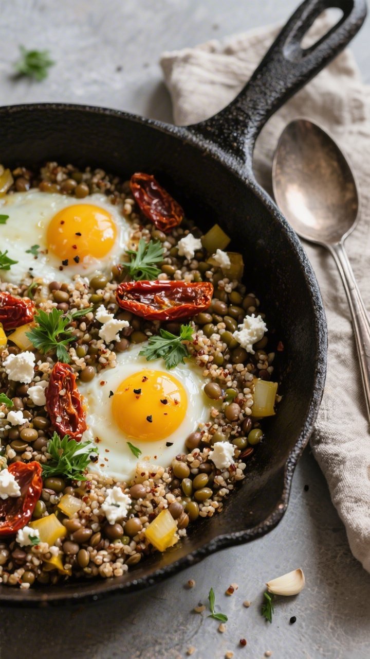 Overhead skillet scene of lentil and quinoa power dish with eggs: a cast-iron skillet filled with a hearty mix of cooked quinoa and brown/green lentils sautéed with olive oil, diced yellow onion, minced garlic, dried oregano, and smoked paprika; sun-dried tomato slivers and crumbled feta scattered throughout; two sunny-side-up eggs nestled on top with runny yolks, garnished with fresh parsley and black pepper, rustic napkin and spoon to the side.
