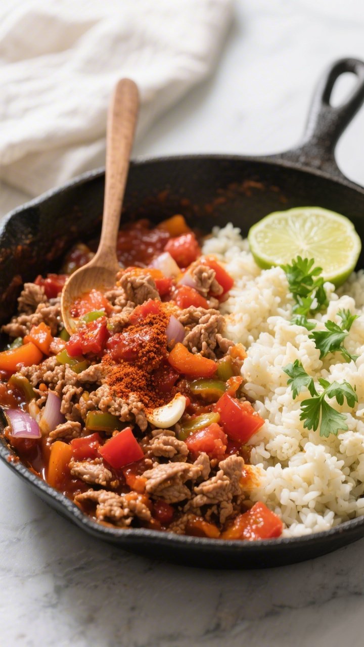 Overhead skillet scene of saucy turkey taco mixture: lean ground turkey simmered with diced onion, bell pepper, garlic, tomato paste, and juicy canned diced tomatoes; chili powder seasoning visible, mixture spooned over fluffy cauliflower rice on one side of the pan; garnished with lime wedge and chopped cilantro for color pop; rich reds and oranges against neutral cauliflower grains, weeknight-comfort mood