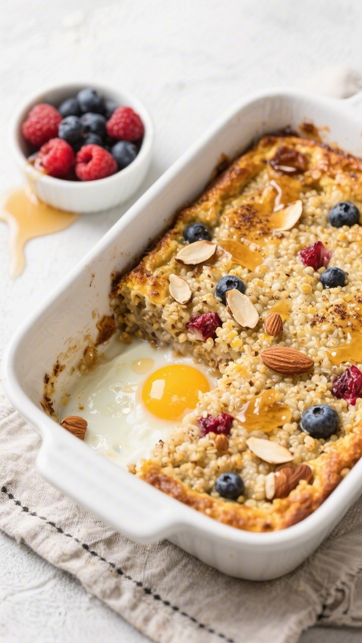 Overhead slice shot of High-Protein Quinoa Breakfast Bake: golden-topped quinoa set with almond milk and eggs, studded with mixed berries and toasted almond slivers. Maple syrup glistening over the cut slice, visible cinnamon speckles and vanilla warmth. Served in a white ceramic baking dish on a linen, with a small bowl of fresh berries and a drizzle of syrup nearby.
