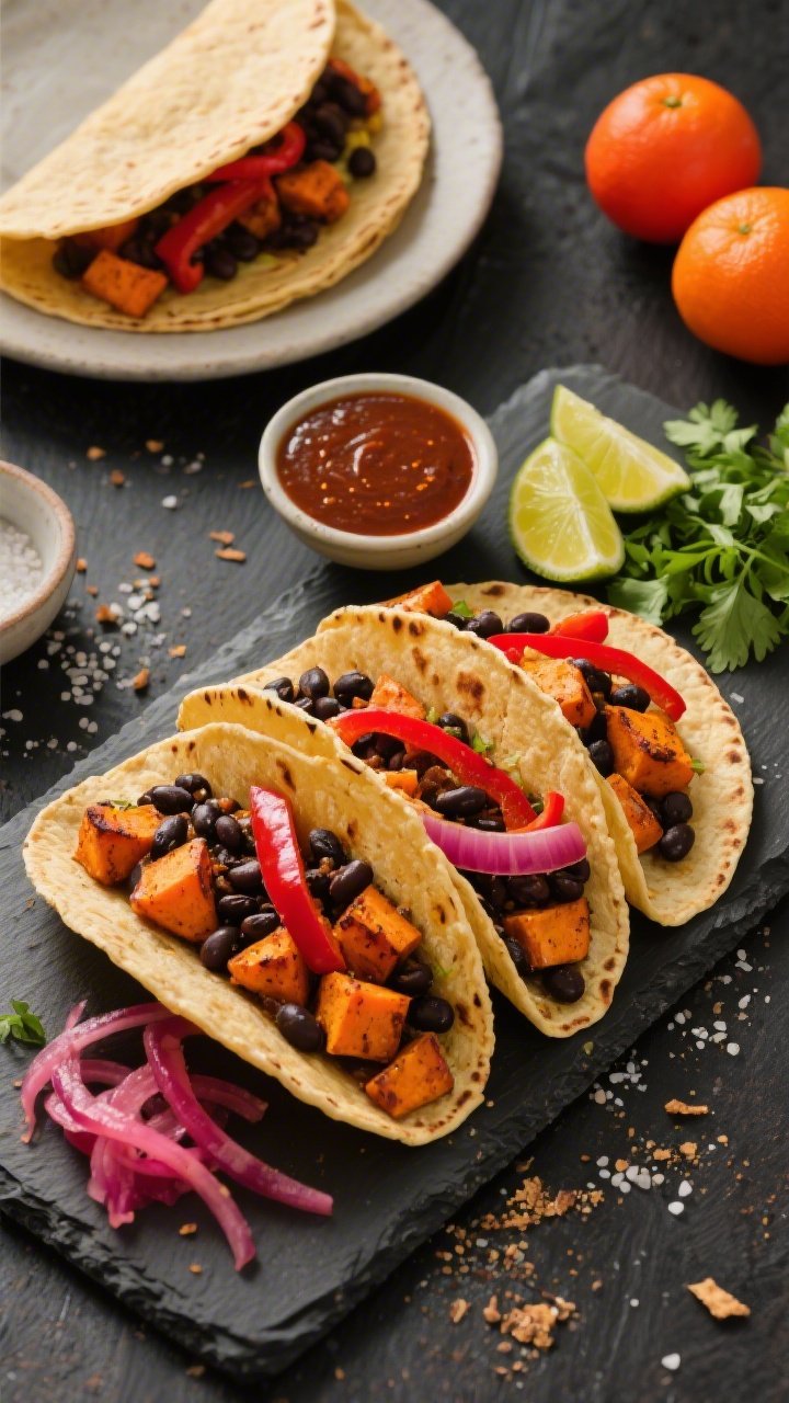 Overhead taco assembly scene for Smoky Chipotle Sweet Potato & Black Bean Tacos: warm corn tortillas laid out on a dark slate, filled with 1/2-inch diced roasted sweet potatoes, black beans, strips of roasted red bell pepper, and thin red onion; a small bowl of chipotle sauce, lime wedges, chopped cilantro, and pickled red onions as accents; vibrant oranges, reds, and inky blacks pop against the slate, crumbs and a light sprinkle of sea salt add texture, no hands.