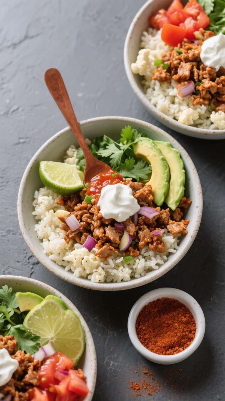 Overhead taco bowl assembly shot: vibrant zesty turkey crumbles cooked with onion, garlic, taco seasoning, smoked paprika, and tomato paste spooned over fluffy cauliflower rice. Bowls finished with lime wedges, diced tomato, avocado slices, cilantro, and a dollop of Greek yogurt or sour cream; a small ramekin of extra taco seasoning at the corner. Clean, colorful, Tuesday-night vibe on a matte slate background, grains of cauliflower rice clearly defined.