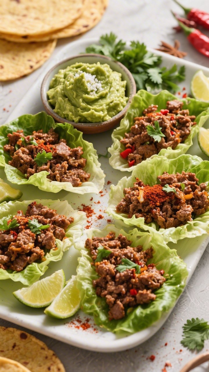 Overhead taco night platter: crisp lettuce cups filled with seasoned ground beef (or turkey) sautéed in olive oil and spiced with chili powder, cumin, smoked paprika, garlic powder, and salt. Quick guacamole in a small bowl (mashed avocado with lime and salt), scattered cilantro, lime wedges, and a pinch of red pepper flakes. Warm, saturated colors, tidy yet abundant styling, emphasis on juicy, spiced meat crumbles and fresh lettuce crunch.