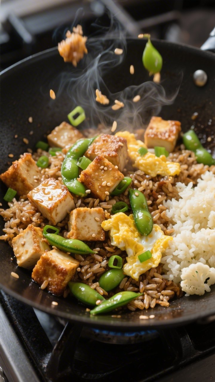 Overhead wok-in-action shot of Crispy Tofu Fried “Rice”: extra-firm tofu cubes coated in cornstarch sizzling to a golden crisp in neutral oil, then tossed with day-old cooked brown rice (with an option pile of cauliflower rice visible to one side), bright green edamame, and scrambled eggs folded through; steam rising, glossy soy-sesame sheen, scattered scallions; captured mid-toss in a dark carbon steel wok on a stovetop, emphasizing crisp edges and contrasting grains.