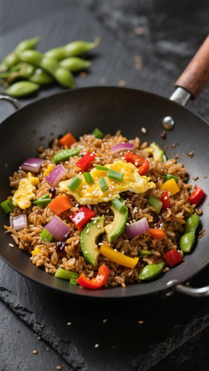 Overhead wok shot of rainbow veggie fried rice: day-old brown rice tossed with diced onion, carrots, red and yellow bell peppers, and bright green edamame; glossy from a touch of avocado oil; scrambled egg ribbons folded in; soy sauce sheen with a hint of sesame; garnished with sliced scallions and a few sesame seeds, set on a slate backdrop for color pop