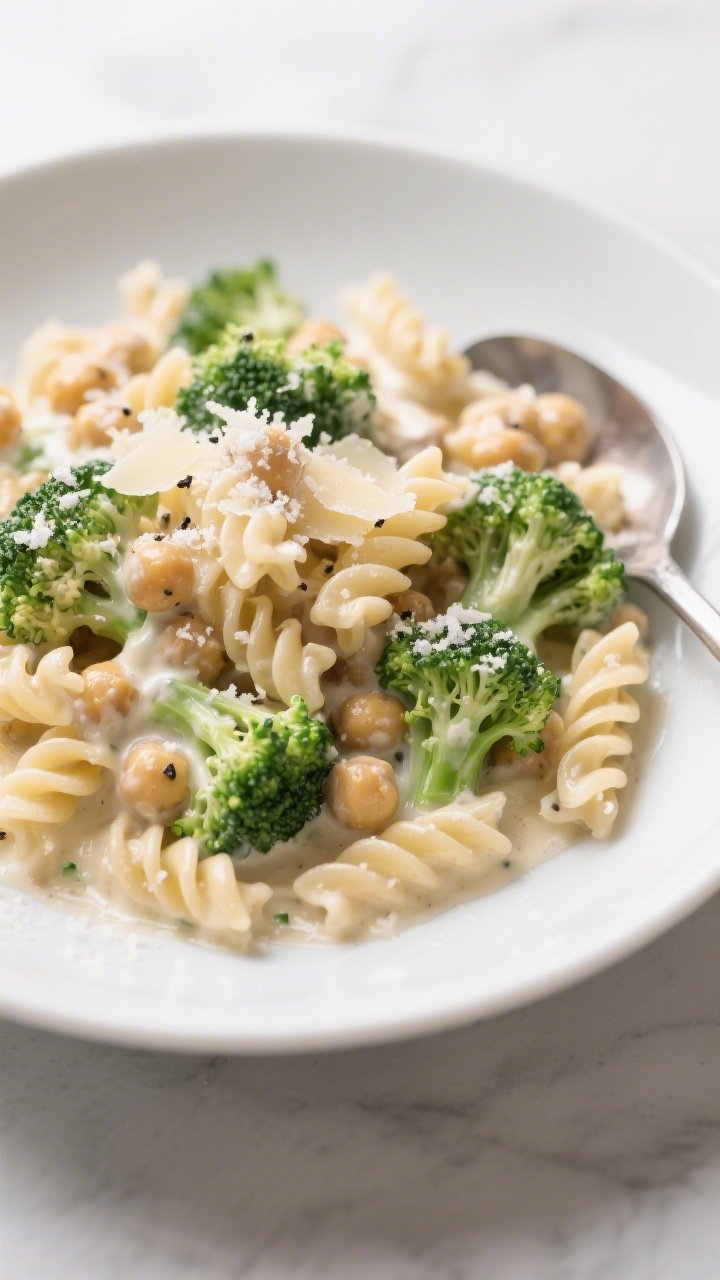 Plated creamy broccoli Alfredo chickpea pasta at 45 degrees: rotini chickpea pasta coated in a silky Greek yogurt and broth-based Alfredo with sautéed garlic; small broccoli florets bright green and tender-crisp folded throughout; finished with a light snowfall of grated Parmesan and a crack of black pepper; served in a wide white bowl with a spoon trail showing the creamy texture