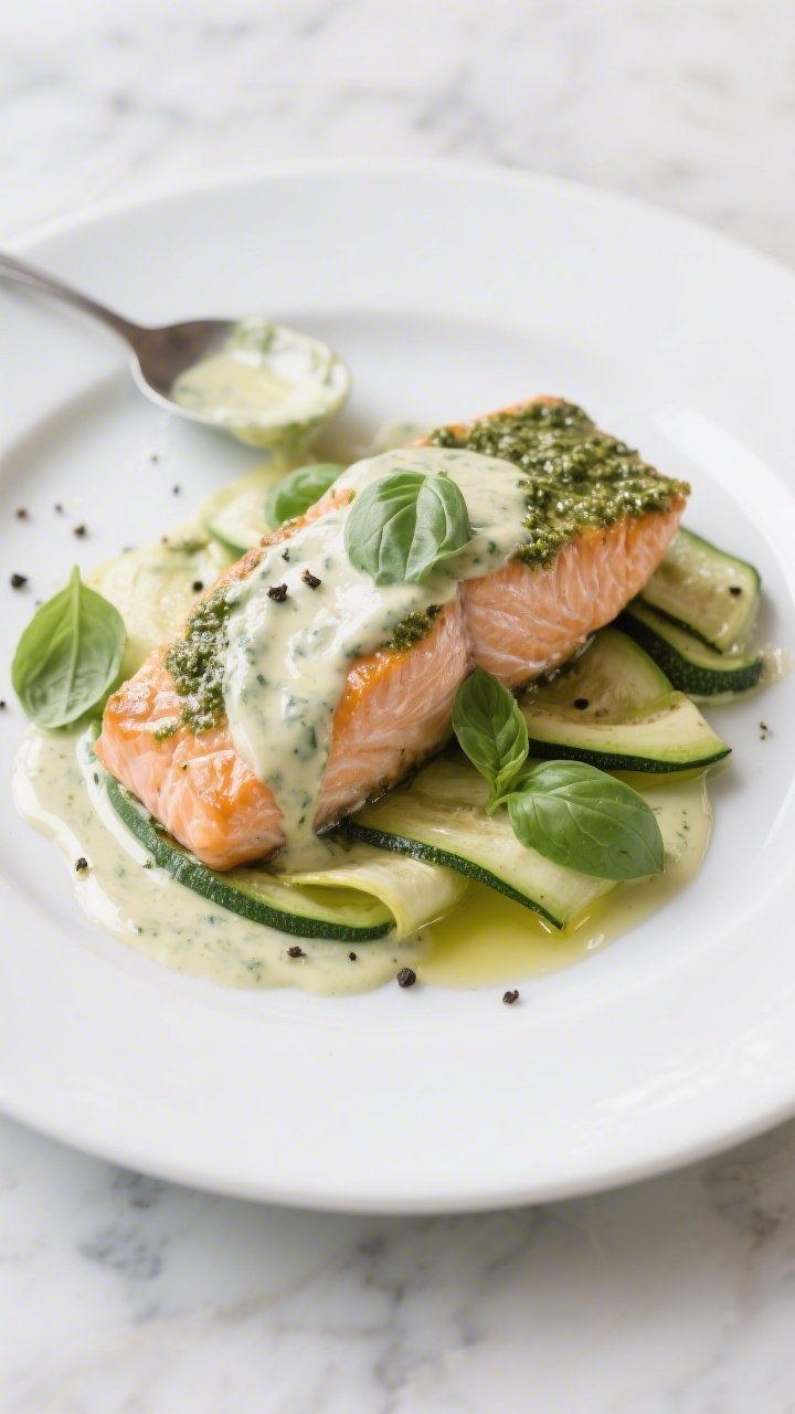 Plated presentation, 45-degree angle: Creamy pesto salmon fillet, skin-on, nestled over glossy zucchini ribbons; the sauce is a silky blend of heavy cream and basil pesto spooned over flaky salmon, with a drizzle pooling on the plate; a few fresh basil leaves and cracked black pepper for contrast; olive oil sheen on zucchini; clean, modern white plate on a marble surface.