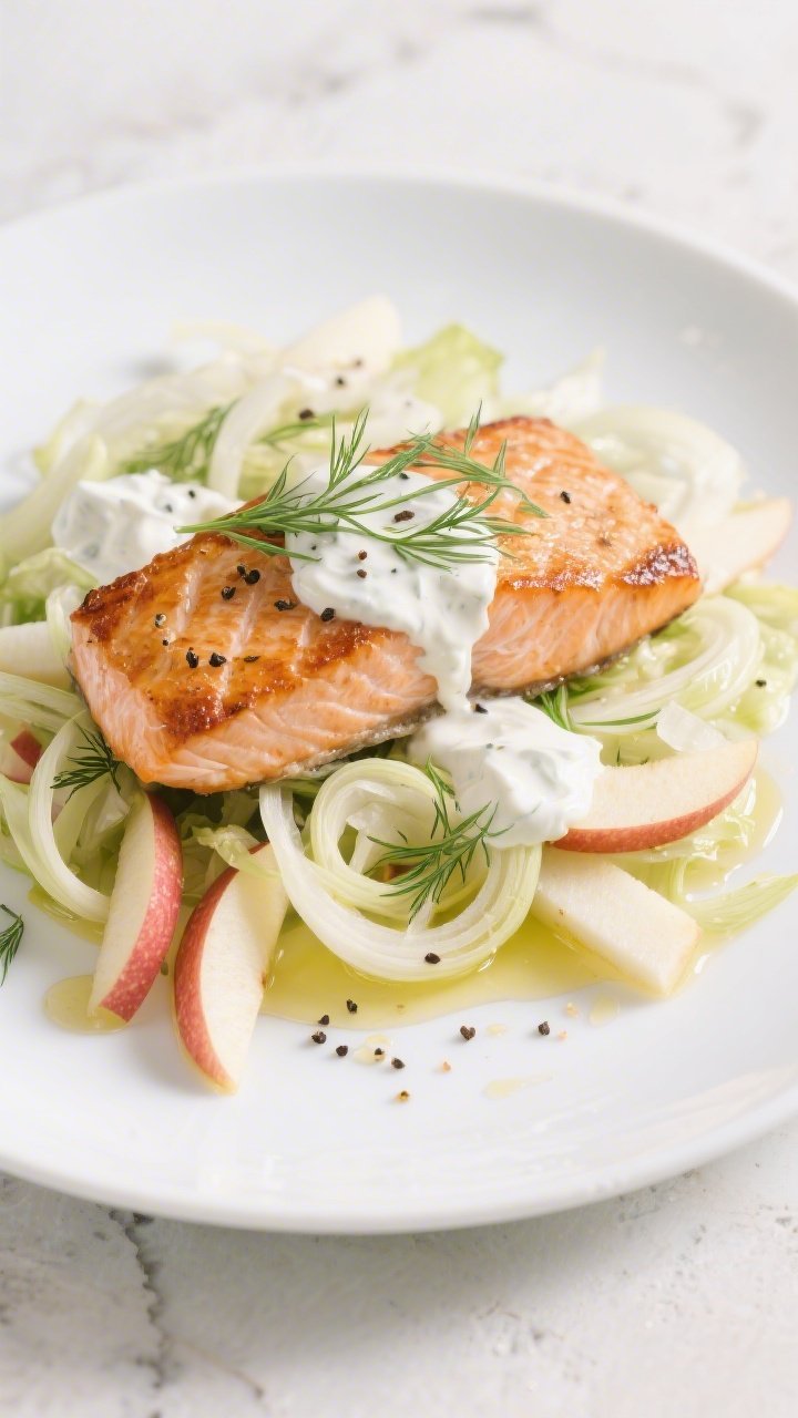 Plated presentation of a Fennel, Apple, and Salmon Super-Salad with Yogurt-Dill Dressing: seared salmon fillet with crisp edges perched over a bed of very thinly sliced fennel and Honeycrisp apple matchsticks, fennel fronds scattered on top; drizzles and dollops of tangy yogurt-dill dressing, cracked black pepper, and a glisten of olive oil; arranged on a wide white plate over a pale stone surface; bright, clean light emphasizing crunch and freshness.