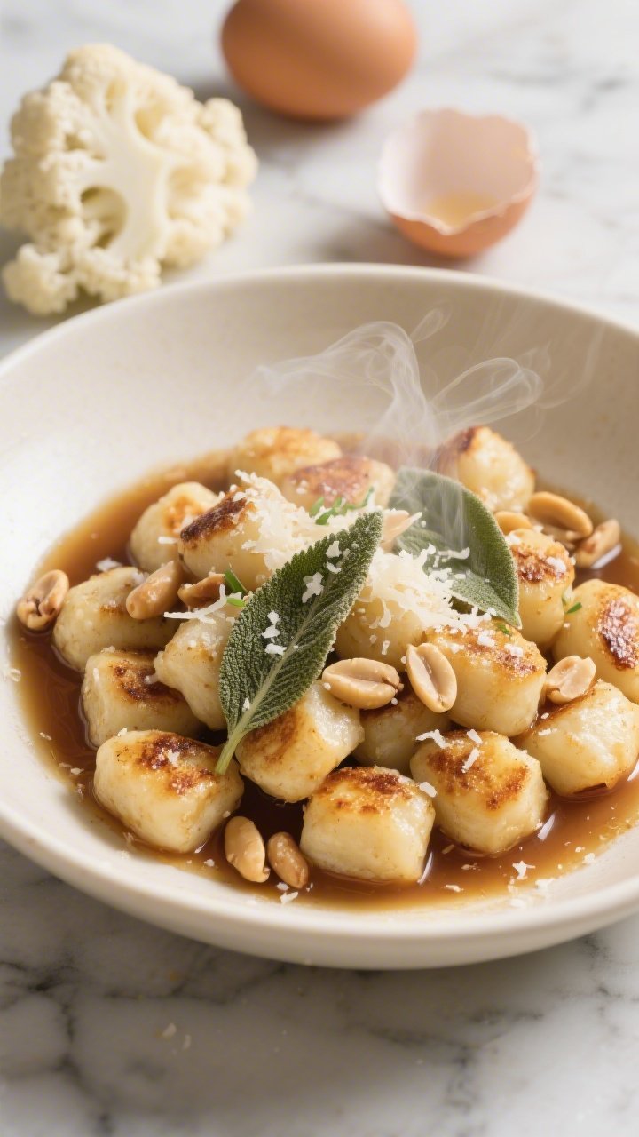 Process-focused 45-degree shot of cauliflower gnocchi in browned butter: pillowy gnocchi seared with light golden blisters, glossed in nutty brown butter with whole sage leaves crisped at the edges and toasted pine nuts scattered. Steam rising, micro-grated parmesan snowfall and a hint of nutmeg. Plated in a wide, shallow cream bowl on a marble surface, with a small mound of raw riced cauliflower and an egg shell in the background to nod to ingredients. Elegant, cheat-night indulgent yet low-carb.