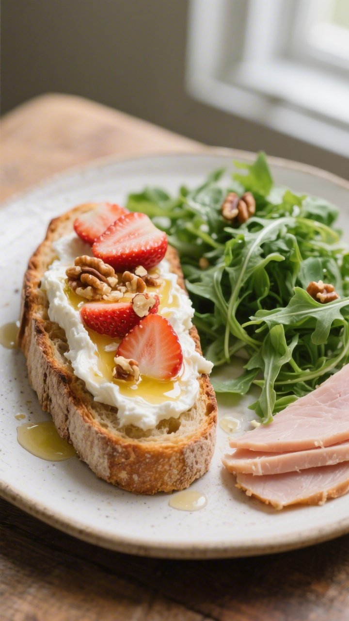 Rustic Italian-ish light lunch, straight-on plated presentation: a thick slice of toasted sourdough brushed with 1 tsp olive oil, topped with 1/2 cup low-fat ricotta, drizzled with 1 tsp honey, crowned with sliced strawberries and a sprinkle of chopped walnuts. Serve with a peppery arugula mound (2 cups) lightly dressed, and neatly folded 85 g sliced turkey on the side. Warm, hug-in-a-plate mood, natural window light, highlighting creamy ricotta, glossy honey, and crunchy nuts.