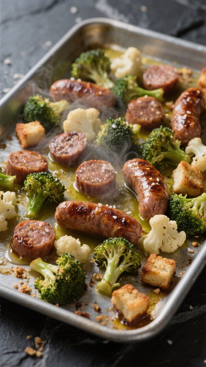 Sheet-pan process shot at 45 degrees: Italian sausage rounds (no sugar added) roasted alongside broccoli florets and small cauliflower “croutons,” all glistening with olive oil and sprinkled with sea salt; caramelized edges and browned bits visible; steam haze and roasted crumbs on the pan to convey heat and texture; simple metal sheet tray on a dark stone surface for a hearty, protein-forward vibe.