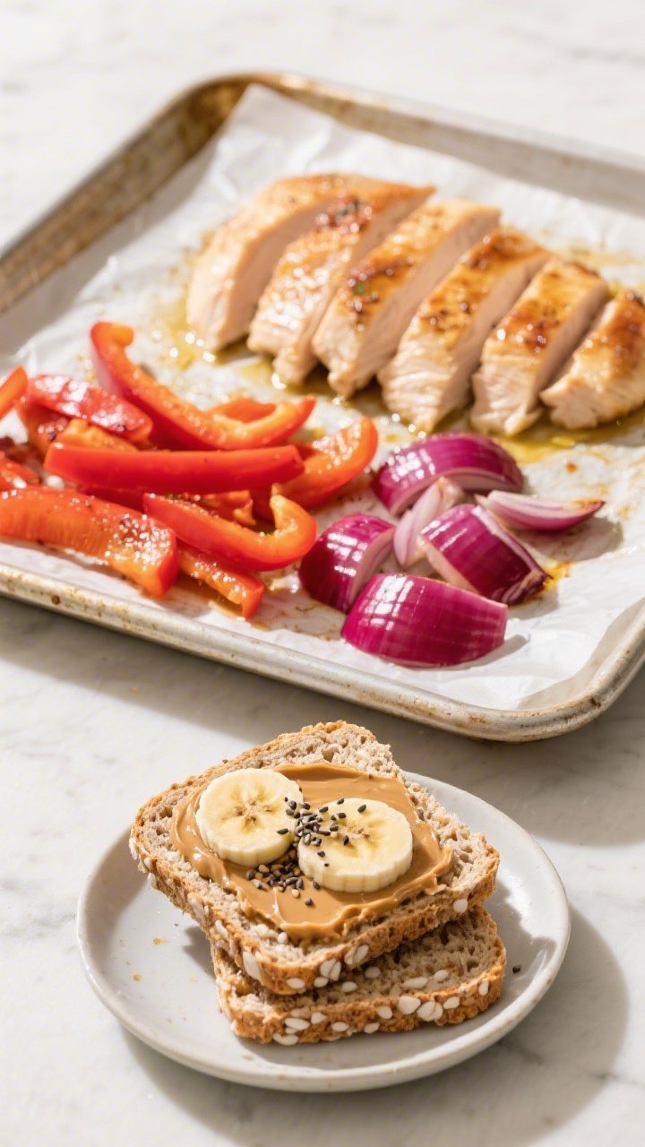 Sheet-pan process shot from a 3/4 overhead perspective: a rimmed baking sheet lined with parchment holding sliced 200 g chicken breast, red bell pepper strips, and small red onion wedges, all lightly oiled and seasoned, ready to roast. In the foreground, a small plate with a slice of whole-grain bread (or two rice cakes) spread with natural peanut butter, topped with banana coins and a sprinkle of chia seeds. Bright, fiesta colors, clean kitchen surface, directional light emphasizing gloss and char potential.