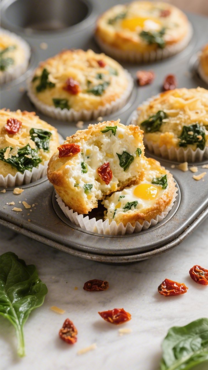 Straight-on, bakery-style presentation: Savory cottage cheese egg muffins studded with chopped spinach and sun-dried tomatoes, with visible melted part-skim mozzarella and a golden Parmesan top. Arrange a few muffins whole in a muffin tin with parchment liners, one muffin cut open to reveal the fluffy, curd-flecked interior. Sprinkle of chopped sun-dried tomatoes and spinach leaves on the surface; warm, inviting light with crisp detail.