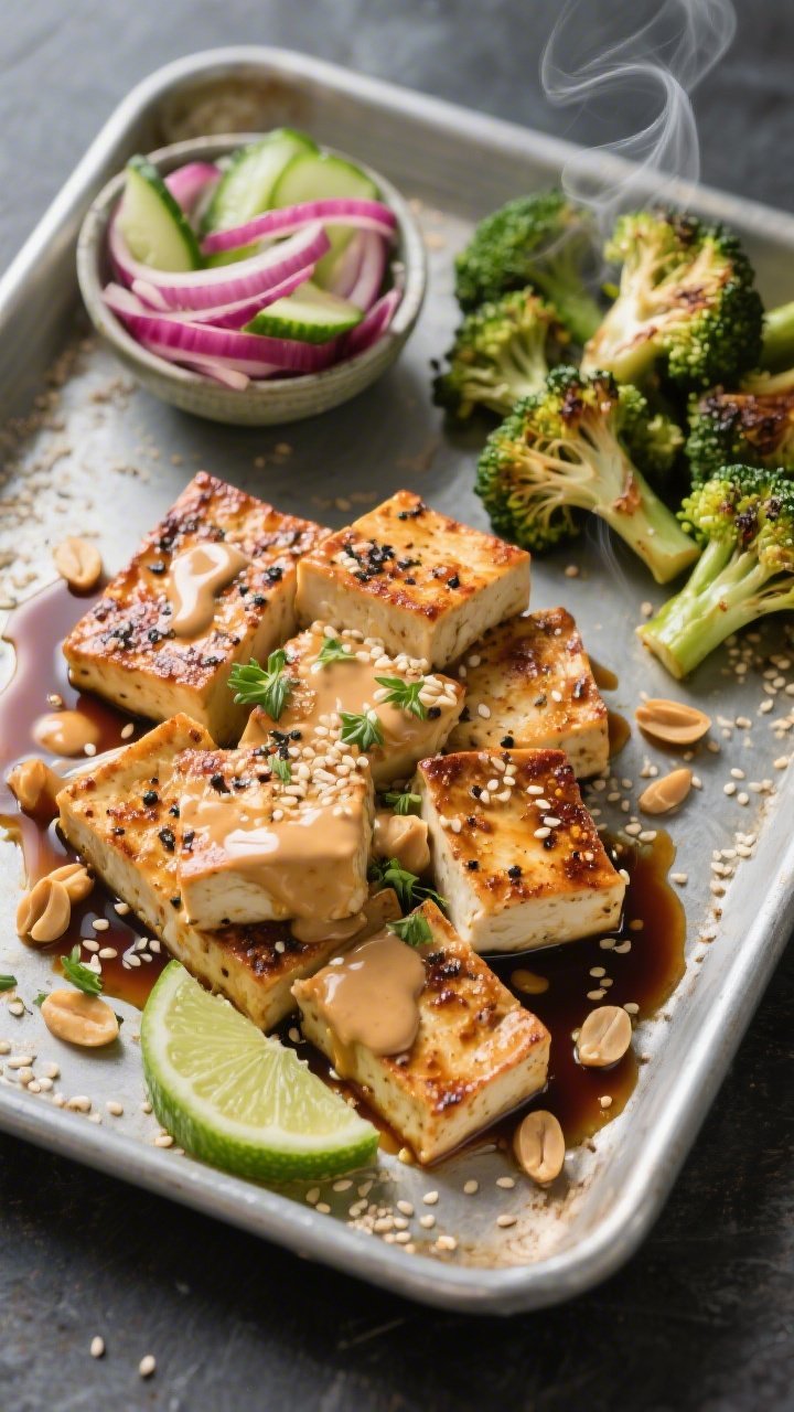 Straight-on baking tray scene of spiced baked tofu with peanut-lime drizzle and quick pickles: extra-firm tofu rectangles tossed in soy sauce, sesame oil, cornstarch, garlic powder, ground coriander, and black pepper, roasted until blistered and golden; drizzled with a silky peanut-lime sauce, served alongside quick pickled cucumbers and red onions in a small bowl; a side of roasted broccoli florets on the same tray, sesame seeds sprinkled, steam subtly visible.