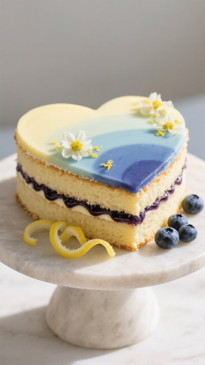 Straight-on, beautifully plated Lemon Blueberry Ombre Heart cake: soft gradient from pale lemon to deeper blueberry tones across the heart, adorned with delicate pressed flower petals; tender crumb made from all-purpose flour, baking powder, fine salt, room-temperature unsalted butter, granulated sugar, three large eggs, and fresh lemon zest; thin blueberry compote ripple peeking between layers; presented on a light stone cake stand with lemon zest curls and a few fresh blueberries at the base; natural daylight to highlight citrus brightness and floral details, clean minimal backdrop.