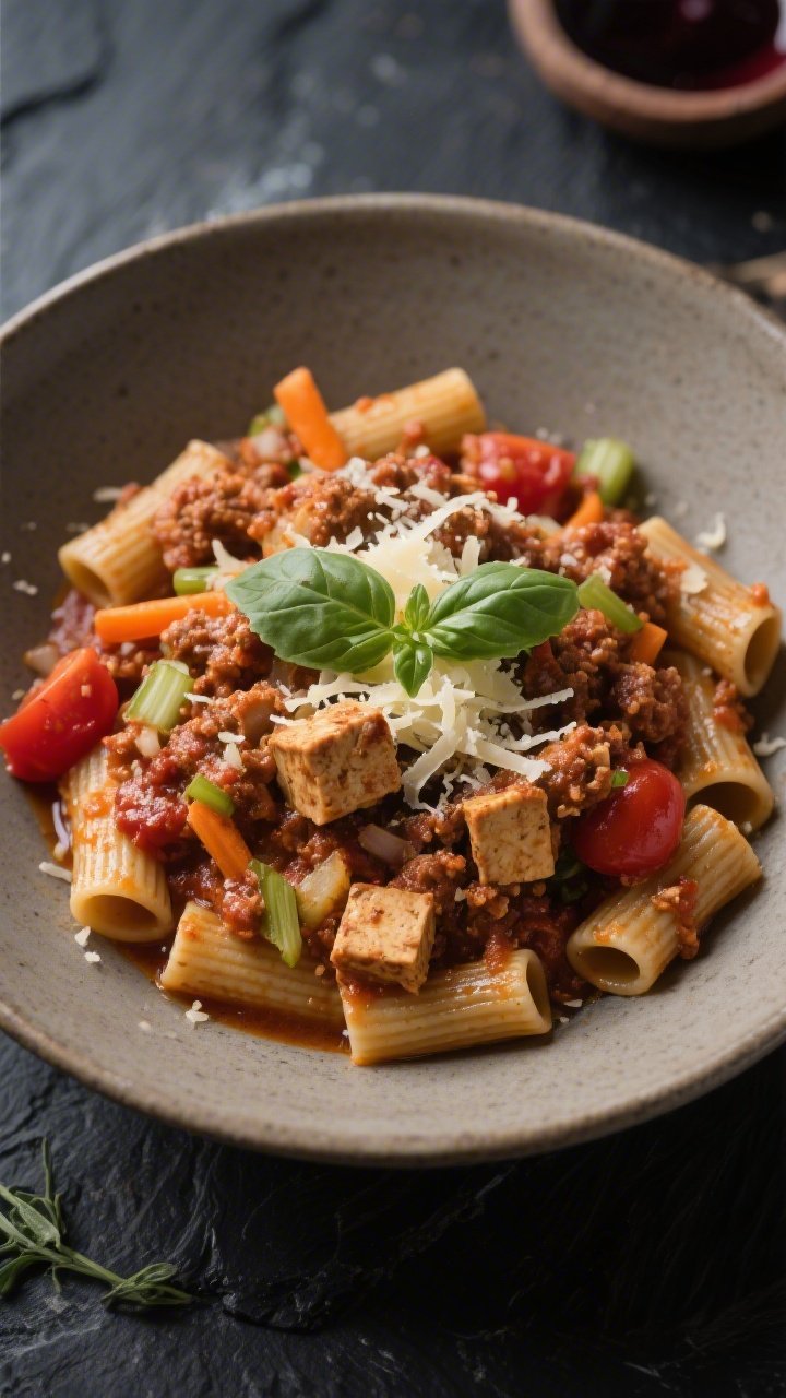 Straight-on bowl of Tempeh Bolognese over whole-wheat pasta: hearty crumbled tempeh ragù with finely chopped onion, carrot, and celery, enriched with red wine and tomatoes, coating ridged whole-wheat rigatoni. Finished with torn basil and a snowfall of grated Parmesan. Deep, rich tones, slight sheen of olive oil, set against a dark slate background for a rustic Italian feel.