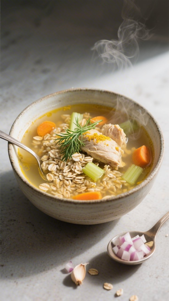 Straight-on bowl shot of Golden Oat and Barley Chicken Soup: clear low-sodium chicken broth tinted with turmeric, tender chicken pieces, pearl barley, soft rolled oats, sliced carrots and celery, fresh dill floating on top; served in a deep ceramic bowl with a ladle resting beside; diced onion and minced garlic in a small dish as supporting props; gentle steam, inviting and restorative vibe, crisp detail with bright daylight from the side.