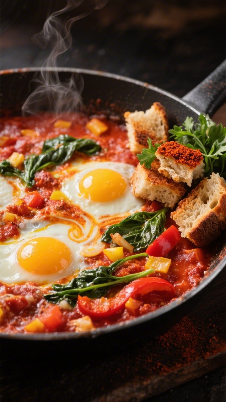 Straight-on, bubbling Spanish-style shakshuka in a wide skillet: rich tomato-pepper base with diced yellow onion and red bell pepper, spinach ribbons just wilted in, eggs poached with tender whites and runny yolks; streaks of harissa swirled, olive oil croutons (torn rustic bread toasted in olive oil) piled at one edge; paprika dusting, fresh parsley, steam rising, warm red-orange palette, moody side light highlighting yolk gloss and crunchy crouton texture.