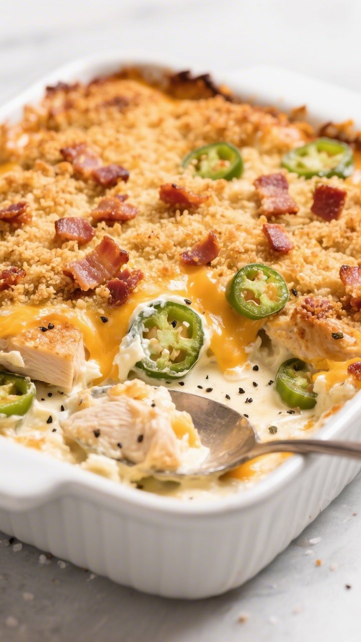 Straight-on casserole beauty shot of creamy jalapeño popper chicken bake: a bubbling, golden top with a crunchy pork-rind “breadcrumb” crust, bacon crumbles scattered across; underneath, ultra-creamy chicken mixed with softened cream cheese, melted cheeses, and sliced jalapeños, edges browned; served in a white baking dish with a spoon revealing the rich, cheesy interior; flecks of black pepper and salt visible.