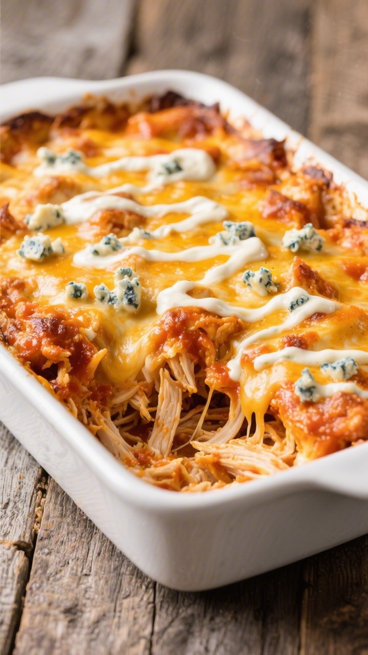 Straight-on casserole reveal: Cheesy Buffalo chicken bake in a white baking dish, shredded chicken coated in vibrant Buffalo wing sauce, topped with a bubbly layer of melted mozzarella; pockets of crumbled blue cheese showing through; a slow ranch drizzle zigzagging across the top; edges browned and gooey cheese pull at one corner; set on a rustic wooden table.