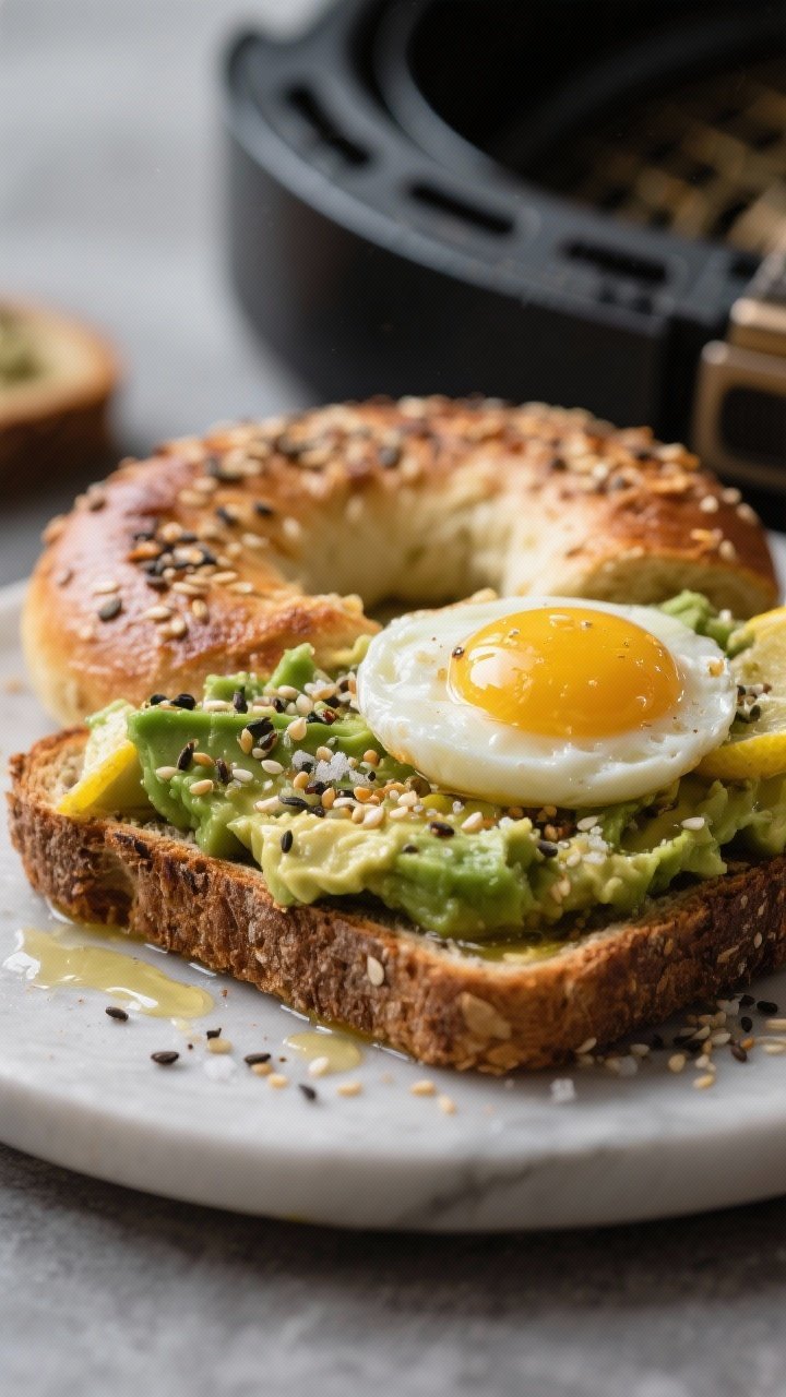 Straight-on close-up of air-fryer everything bagel avocado toast: sturdy rye slices brushed with olive oil, air-fried until deeply crisp, topped with smashed avocado seasoned with lemon juice, kosher salt, and a heavy sprinkle of everything bagel seasoning; a soft jammy egg halved on top with yolk gleaming. Air fryer basket blurred in background, sesame and poppy seeds visible, moody yet clean lighting for crunch and cream contrast.