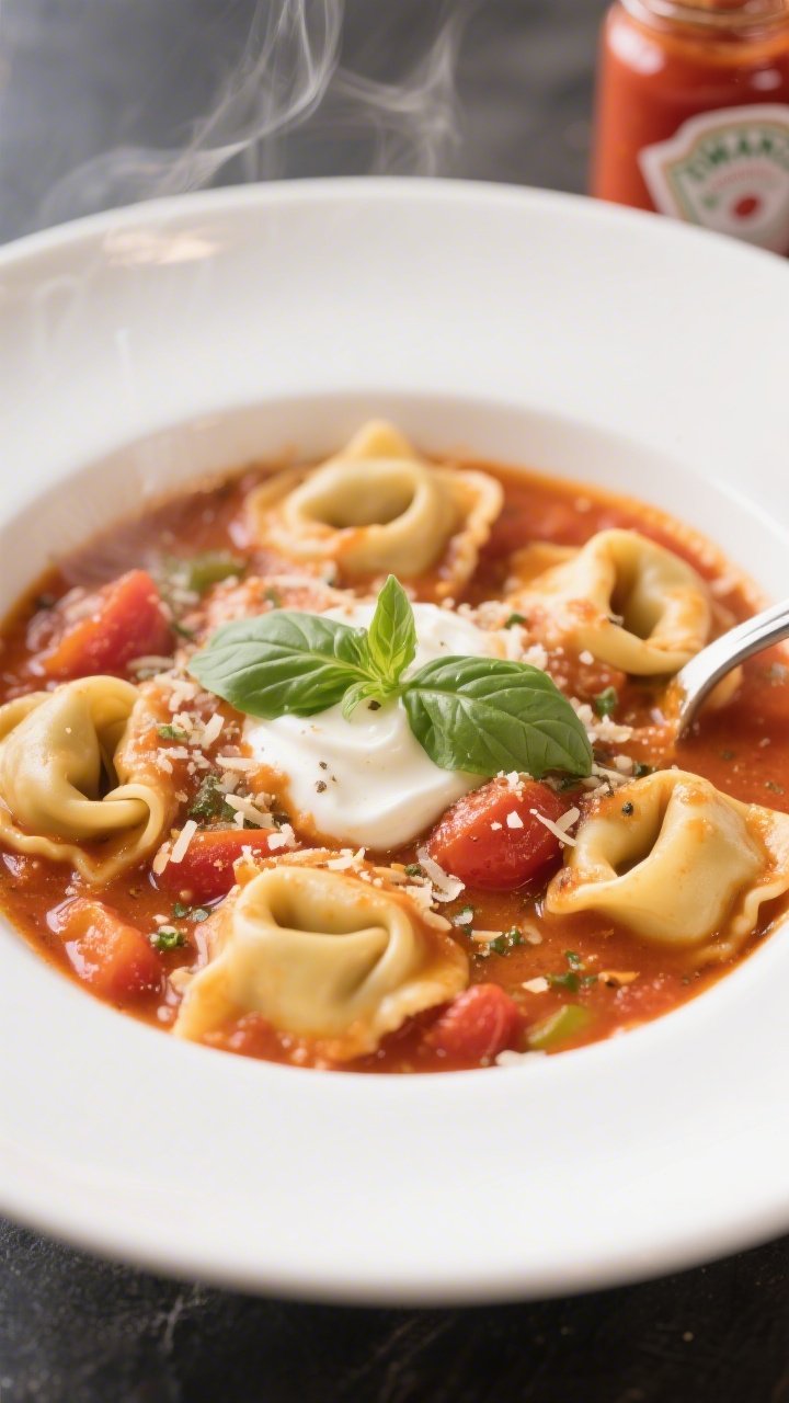 Straight-on close-up of Creamy Tomato Basil Tortellini ladled into a wide shallow white bowl: cheese tortellini swimming in a silky blend of marinara, crushed tomatoes, and vegetable broth, flecked with Italian seasoning and garlic powder, finished with a swirl of cream and torn fresh basil; glossy sauce clinging to pasta, a sprinkle of grated Parmesan at the rim, gentle steam, bokeh background with the jar of marinara subtly visible.