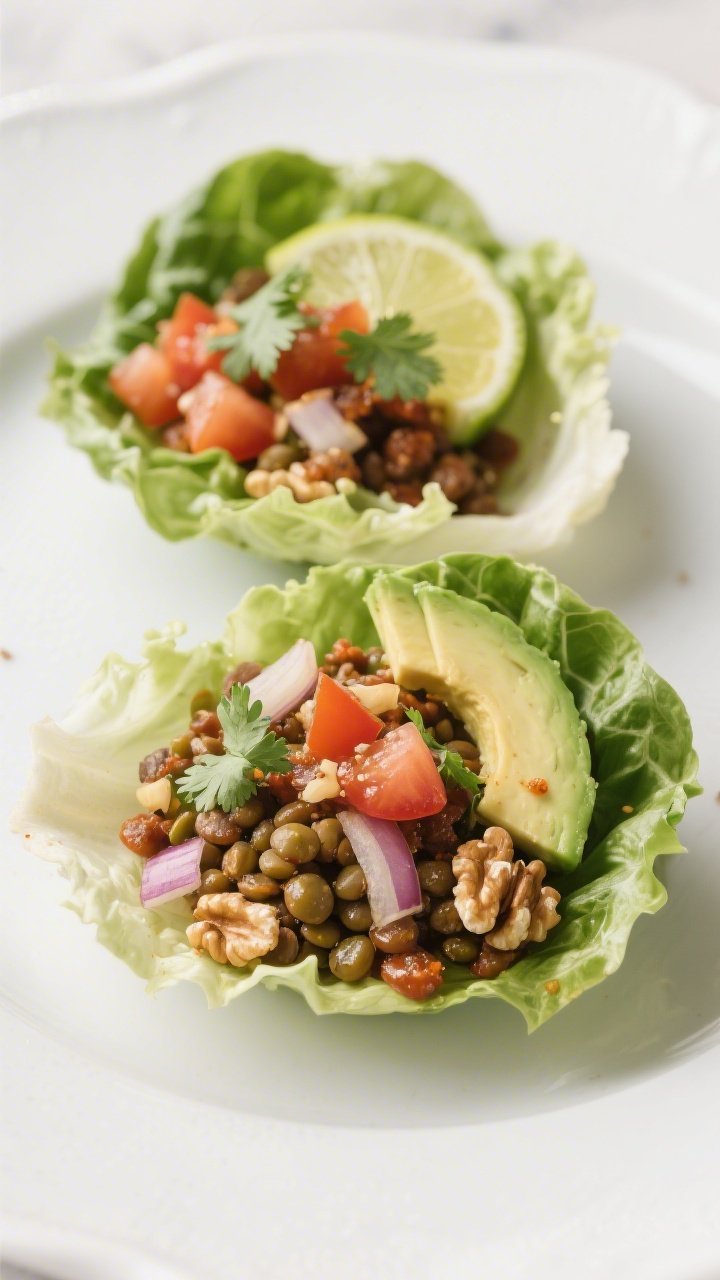 Straight-on close-up of Crunchy Lentil and Walnut “Taco” Lettuce Cups: crisp lettuce leaves piled with a savory filling of sautéed onion, garlic, brown/green lentils, finely chopped walnuts, tomato paste, and warm spices. Topped with diced tomatoes, avocado, a squeeze of lime, and a sprinkle of cilantro. Clean white plate, sharp textures, vibrant and fresh.