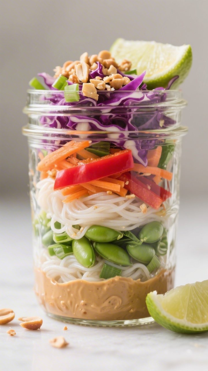 Straight-on close-up of crunchy Thai-inspired peanut noodle jars: glass mason jars layered for meal prep with rice noodles, shredded purple cabbage, julienned carrot, thin red bell pepper, bright green edamame, and sliced green onions; a thick peanut sauce pooled at the bottom for shake-and-serve freshness; garnished with crushed peanuts and lime wedges nearby; crisp, fresh colors against a neutral backdrop, condensation-free glass, clean lines, emphasis on crunch and vibrancy.