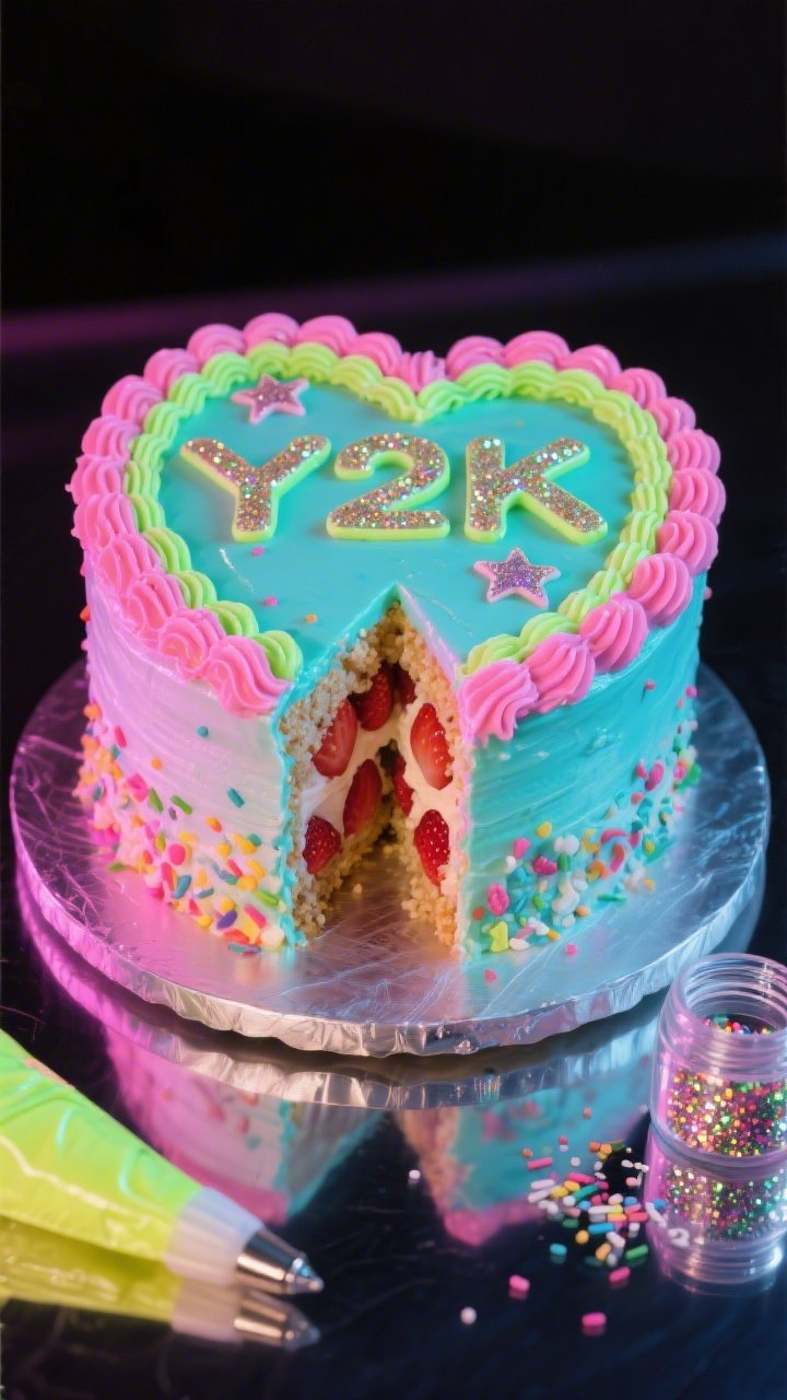 Straight-on hero shot: A Neon Y2K heart cake (7-inch) with funfetti crumb, filled with strawberry buttercream visible at a generous slice; glossy pastel neon buttercream in electric pink, lime, and aqua, featuring bold triple borders, star tips, and chunky glitter letters spelling a playful Y2K phrase; high-contrast studio lighting to make colors pop; clear vanilla and heavy cream props subtly placed—piping bags loaded with neon frosting, a jar of edible glitter, and a sprinkle spill—on a reflective acrylic surface for a hyper-modern vibe.