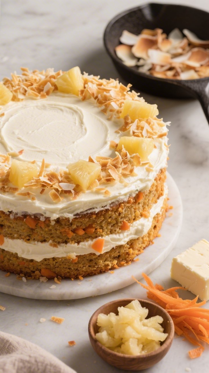 Straight-on hero shot of a toasted coconut carrot cake with pineapple cream cheese frosting: two-layer cake with visible carrot flecks in the crumb, thick tangy frosting with subtle pineapple pieces, sides pressed with golden toasted coconut flakes; topped with a ring of extra coconut and a few pineapple tidbits. Include an ingredient vignette to the side: grated carrot, a small bowl of crushed pineapple, cream cheese block, and a skillet with freshly toasted coconut. Warm, inviting tones, crisp detail on textures.