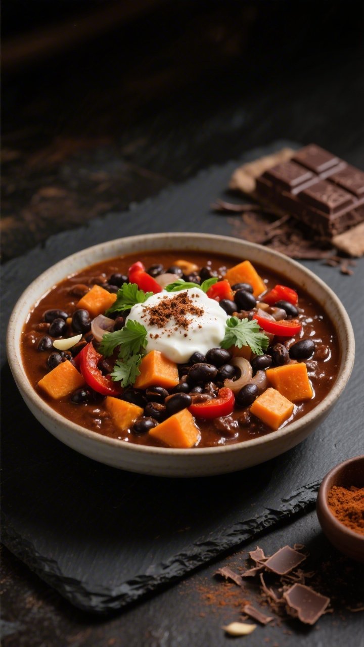 Straight-on hero shot of Chipotle Cocoa Chili with Black Beans & Butternut in a wide, low bowl: 1/2-inch butternut squash cubes and black beans in a deep mahogany sauce infused with chili powder, ground cumin, minced garlic, and subtle cocoa-chipotle depth; glossy surface with visible red bell pepper and onion; topped with a dollop of cool yogurt or crema, a sprinkle of cocoa-chili dust, and cilantro; set on a dark slate with a bar of unsweetened cocoa shaved nearby and a small bowl of chipotle powder—rich, dramatic lighting for a decadent, cozy feel.