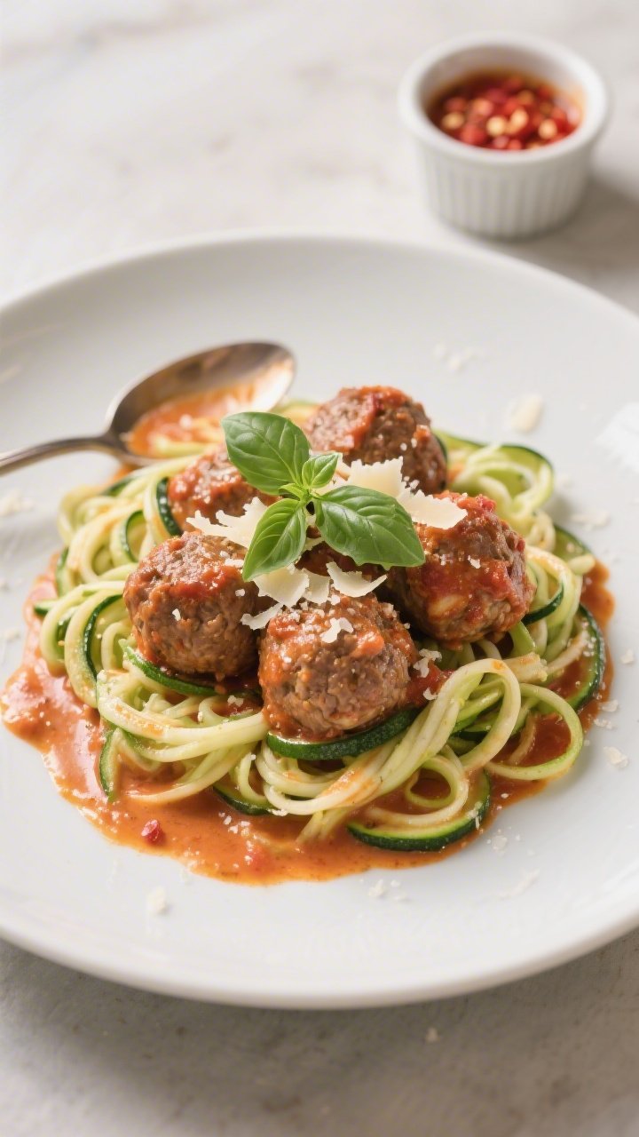 Straight-on hero shot: turkey meatballs simmered in a creamy tomato-basil sauce, flecked with Parmesan; plated over a generous nest of twirled zucchini noodles glistening with olive oil; fresh basil leaves and micro-grated Parmesan on top; a spoon trail in the sauce to show creaminess, with a small ramekin of crushed red pepper and extra sauce in the background