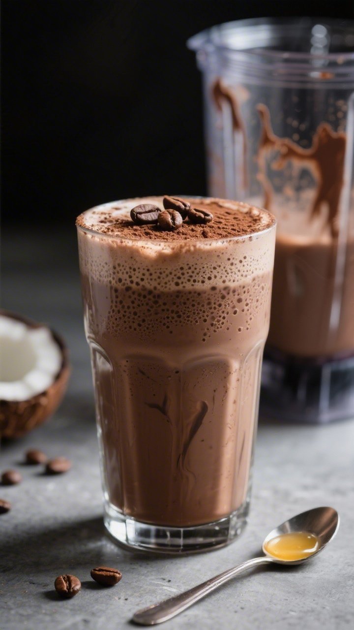 Straight-on, moody beverage portrait of a bulletproof blender mocha shake: a tall, chilled glass filled with a thick, frothy chocolate-coffee shake made from chilled brewed coffee, unsweetened almond milk, MCT oil, cocoa powder, and chocolate protein; micro-bubbles and creamy body visible against the glass; a light dusting of cocoa on top, with a few coffee beans and a drizzle of coconut oil on a nearby spoon; blurred background blender jar with residual chocolate streaks; cool, high-contrast lighting for café vibe.