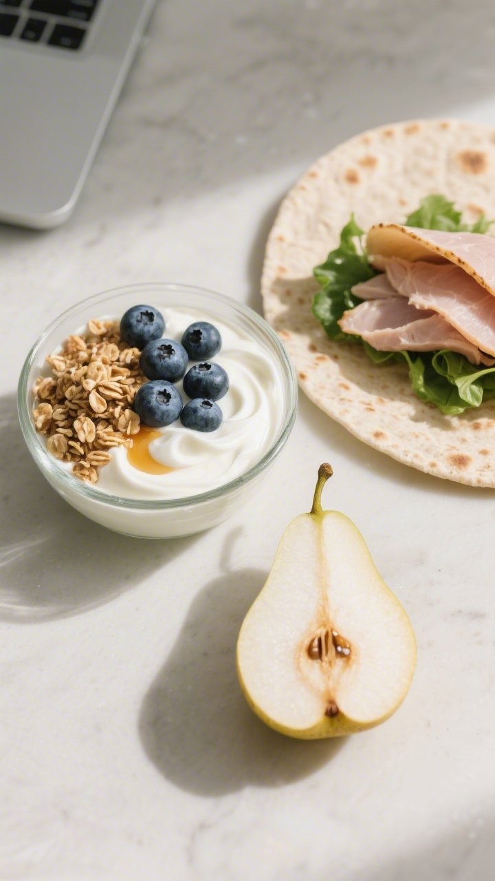 Straight-on no-cook desk lunch flat lay: a glass bowl of Greek yogurt (170 g, 0–2%) swirled with 1 tsp maple syrup, topped with 1/2 cup blueberries and a tidy sprinkle of high-fiber granola (about 30 g); beside it, a whole-wheat tortilla (8-inch) layered with 85 g sliced turkey and crisp greens, ready to roll; a ripe medium pear halved. Minimalist worktop styling, neutral background, crisp daylight for a fresh, grab-and-go vibe.