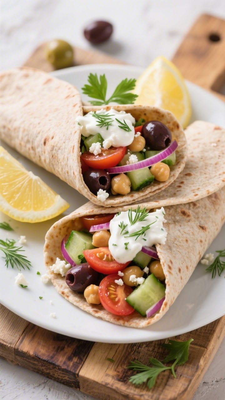 Straight-on plated Greek Chickpea Salad Wraps: whole-wheat wraps folded to reveal chickpeas, halved cherry tomatoes, diced cucumber, thin red onion, sliced kalamata olives, and crumbled feta. Herby yogurt-feta sauce dolloped inside and drizzled on top, flecks of dill and parsley visible. Styled on a rustic board with lemon wedges and extra olives, crisp, bright Mediterranean vibe.