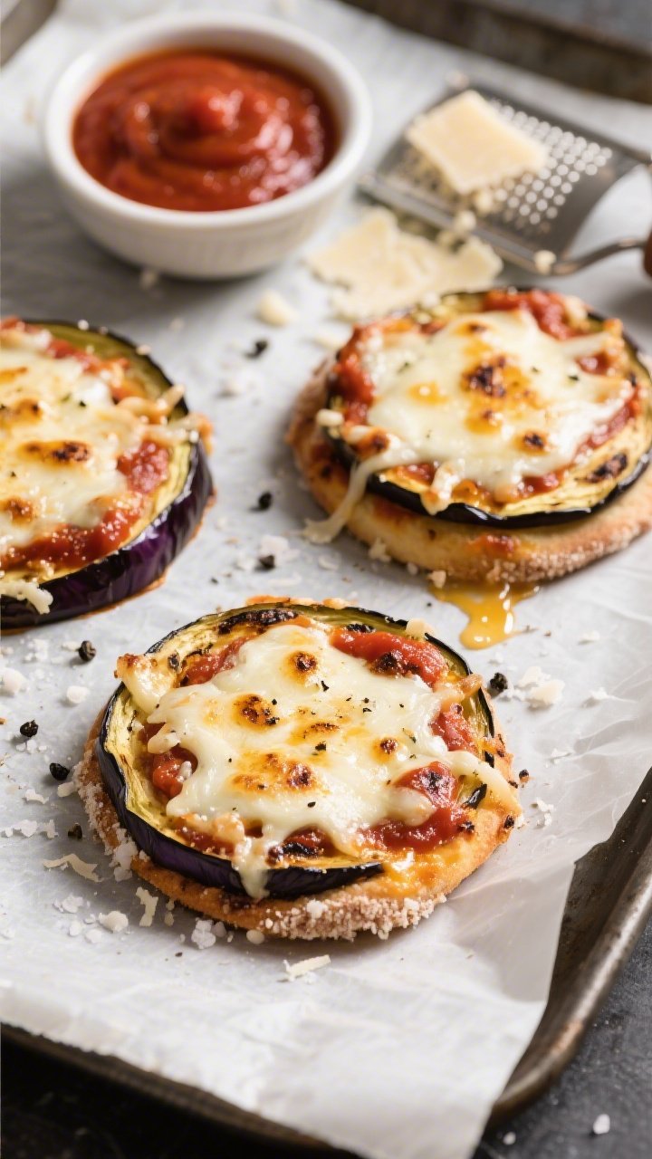 Straight-on plated mini eggplant pizzas: thick 3/4-inch roasted eggplant rounds with crisped, parmesan-flecked edges, topped with low-sugar marinara, bubbling shredded mozzarella, and a sprinkle of Italian seasoning; black pepper and kosher salt crystals visible; set on a parchment-lined sheet with a small bowl of marinara and a grater with parmesan shavings; golden cheese stretch and charred spots for texture