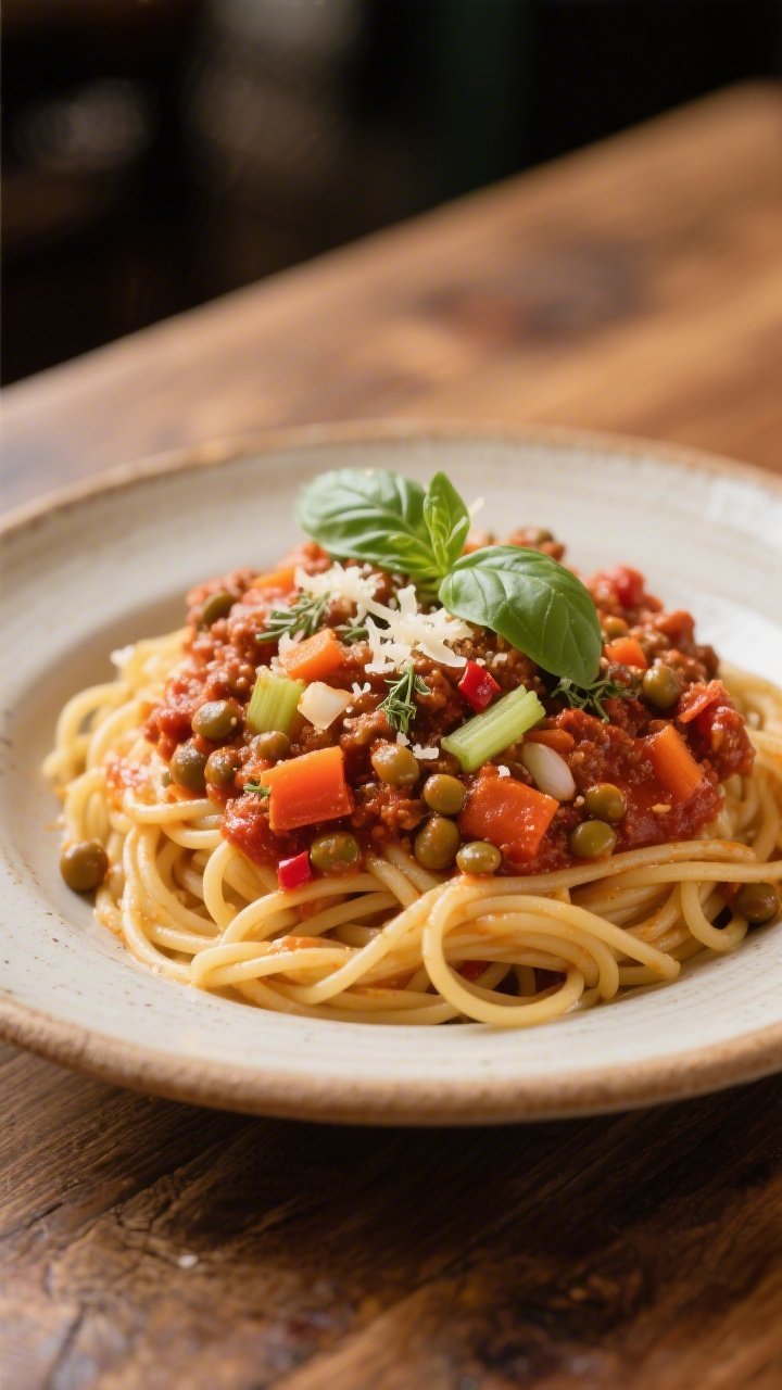 Straight-on plated pasta with hearty lentil bolognese: thick, brick-red sauce made from olive oil-sautéed finely diced onion, carrot, and celery, enriched with tomato paste, garlic, dried oregano, and a hint of crushed red pepper, folded through al dente spaghetti. Garnish with fresh basil or parsley and a light dusting of grated cheese (optional visual), emphasizing chunky lentil texture and glossy sauce cling; rustic shallow bowl on a wooden table, warm, cozy Italian trattoria mood.