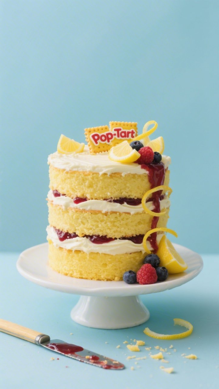 Straight-on plated presentation of a tall lemon Pop-Tart layer cake: lemon-yellow sponge layers stacked with visible berry jam ribbons and swipes of zesty lemon buttercream, topped with playful mini lemon “Pop-Tart” shards and a drizzle of berry jam down one side. Garnishes include thin lemon zest curls and a few fresh mixed berries. Bright, cheerful styling on a pale blue backdrop with a cake stand; crumbs and a jam-smeared offset spatula nearby to suggest assembly.