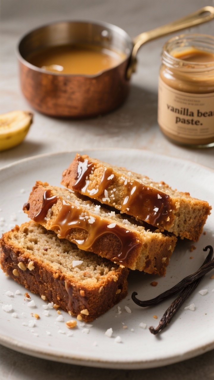 Straight-on plated presentation of Brown Butter Banana Bread featuring caramelized, salted edges: thick slices stacked slightly askew on a matte white plate, the browned butter crumb showing tiny nutty flecks, with glistening caramelized ridges lightly dusted with flaky sea salt. In the background, a small saucepan of brown butter with browned milk solids visible and a jar labeled “vanilla bean paste.” Rich, golden-hour lighting to enhance the amber tones, tight depth of field, indulgent yet refined mood.