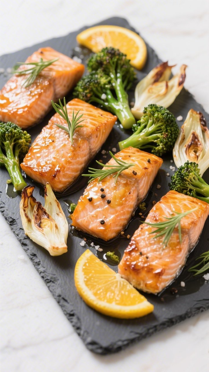 Straight-on plated presentation of Citrus-Ginger Salmon With Roasted Fennel And Broccolini: four salmon fillets glazed with citrus and fresh ginger, edges caramelized; roasted fennel wedges with browned edges and tender broccolini drizzled with extra-virgin olive oil, sea salt, and black pepper; fennel fronds sprinkled as garnish, thin citrus slices tucked around; served on a slate platter, clean modern styling, bright daylight to emphasize glistening salmon skin and verdant greens