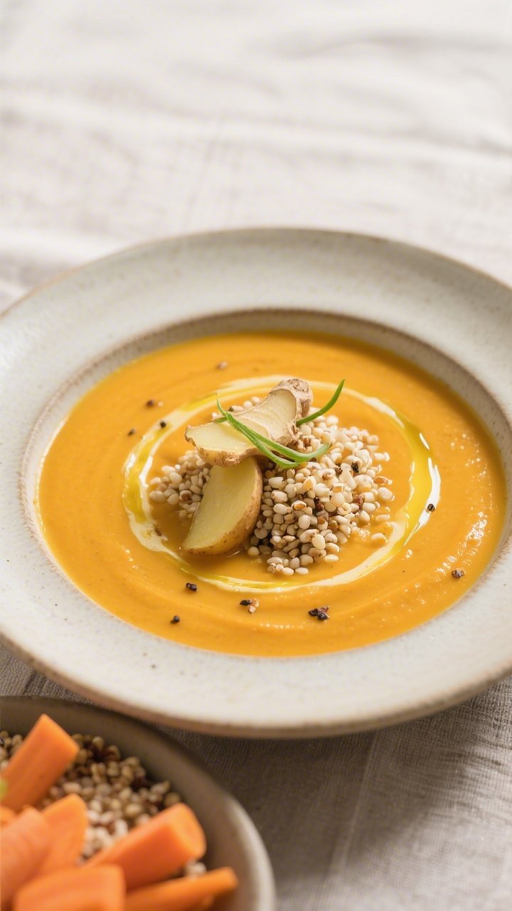Straight-on plated presentation of Golden Ginger Carrot Soup With Quinoa Boost: ultra-smooth, vibrant orange puree in a shallow ceramic bowl, sheen from olive oil/butter; fine ribbons of fresh ginger and a sprinkle of cooked fluffy quinoa mounded at the center for texture; hints of sweetness from carrots balanced by warmth of ginger, with a Yukon gold potato note; garnished with a thin stream of olive oil and cracked pepper; set on a neutral linen with a side dish of extra quinoa and sliced carrots in soft daylight for a clean, modern feel.