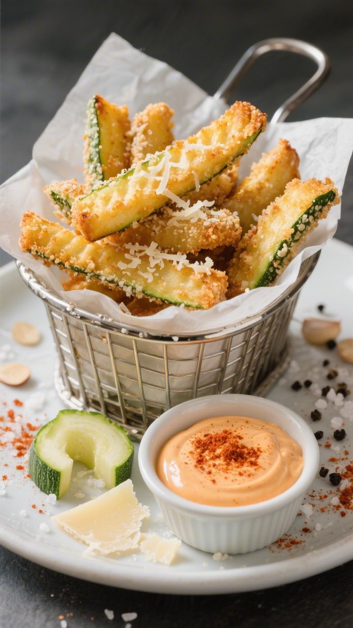 Straight-on plated presentation of parmesan-crusted zucchini “fries”: golden, ridged batons stacked in a parchment-lined metal basket, crust studded with finely grated parmesan, almond flour, garlic powder, paprika, and black pepper. Beads of salt visible. Side ramekin of spicy aioli with a smoky orange hue, light paprika dusting on the surface. A few raw zucchini ends and grated parm scattered for context. Crisp, snappy texture emphasized with directional side light.