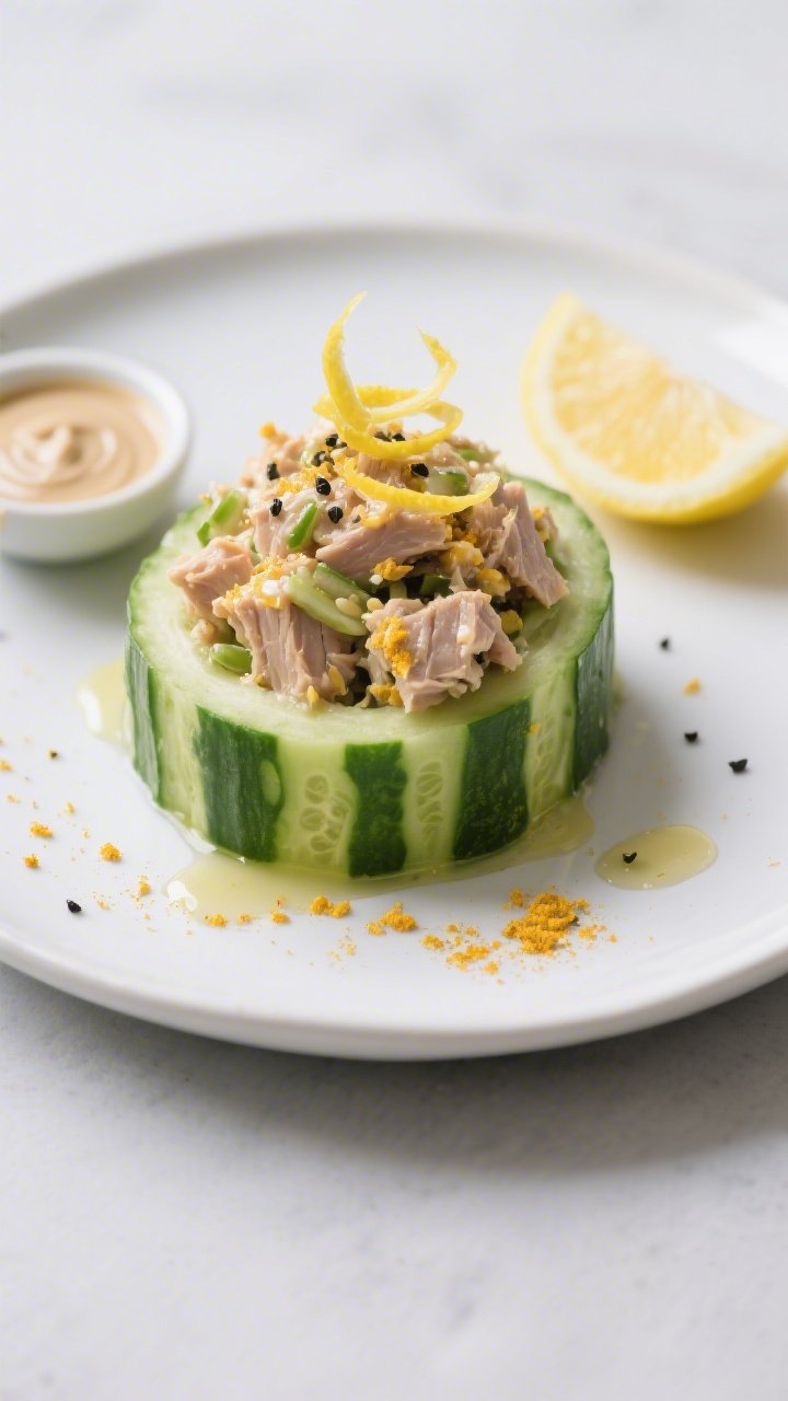 Straight-on plated presentation: Turmeric-tahini tuna salad mounded into crisp cucumber boats (halved cucumbers, seeds scooped), the filling visibly flecked with ground turmeric and Dijon, loosened with lemon juice and olive oil. Garnish with a sprinkle of black pepper and lemon zest curls. Place on a matte white platter with a small dish of tahini and a cut lemon half nearby. Clean, modern styling, high clarity on creamy texture against cool green cucumbers.
