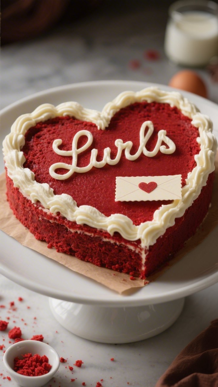 Straight-on plated shot of a Red Velvet Love Letter heart cake: deep crimson crumb from cocoa powder and buttermilk, coated in silky cream cheese “curls” piped like flowing script across the surface; clean slice revealing velvety interior made with all-purpose flour, granulated sugar, baking soda, fine salt, vegetable oil, and two large eggs; served on a matte white cake stand with a parchment “love letter” tag; subtle red crumb scatter and a small dish of buttermilk in the background; moody yet warm lighting to enhance the red hue and frosting texture.