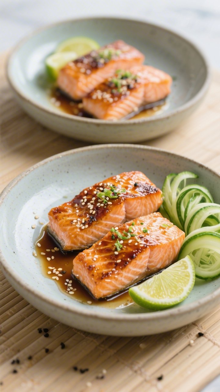 Straight-on plated shot of sesame-lime salmon bowls: four glistening salmon fillets with crisped skin and flaky centers, brushed with a soy or coconut aminos glaze, lime zest speckled on top; quick-pickled cucumber ribbons fanned beside the salmon, a drizzle of sesame-lime dressing pooling at the base; garnished with lime wedges and a sprinkle of black pepper; served in wide ceramic bowls on a light bamboo surface for a fresh, coastal feel.