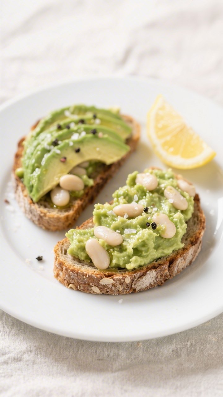 Straight-on plated shot of smashed avocado and white bean toast on thick whole-grain slices: vibrant green avocado mashed with creamy cannellini beans, glossy from extra-virgin olive oil, bright pops of lemon juice, and fine garlic flecks; topped with a pinch of sea salt and black pepper, lemon wedge on the side; set on a clean white plate with a light linen, crisp modern styling focusing on the zesty, creamy spread.