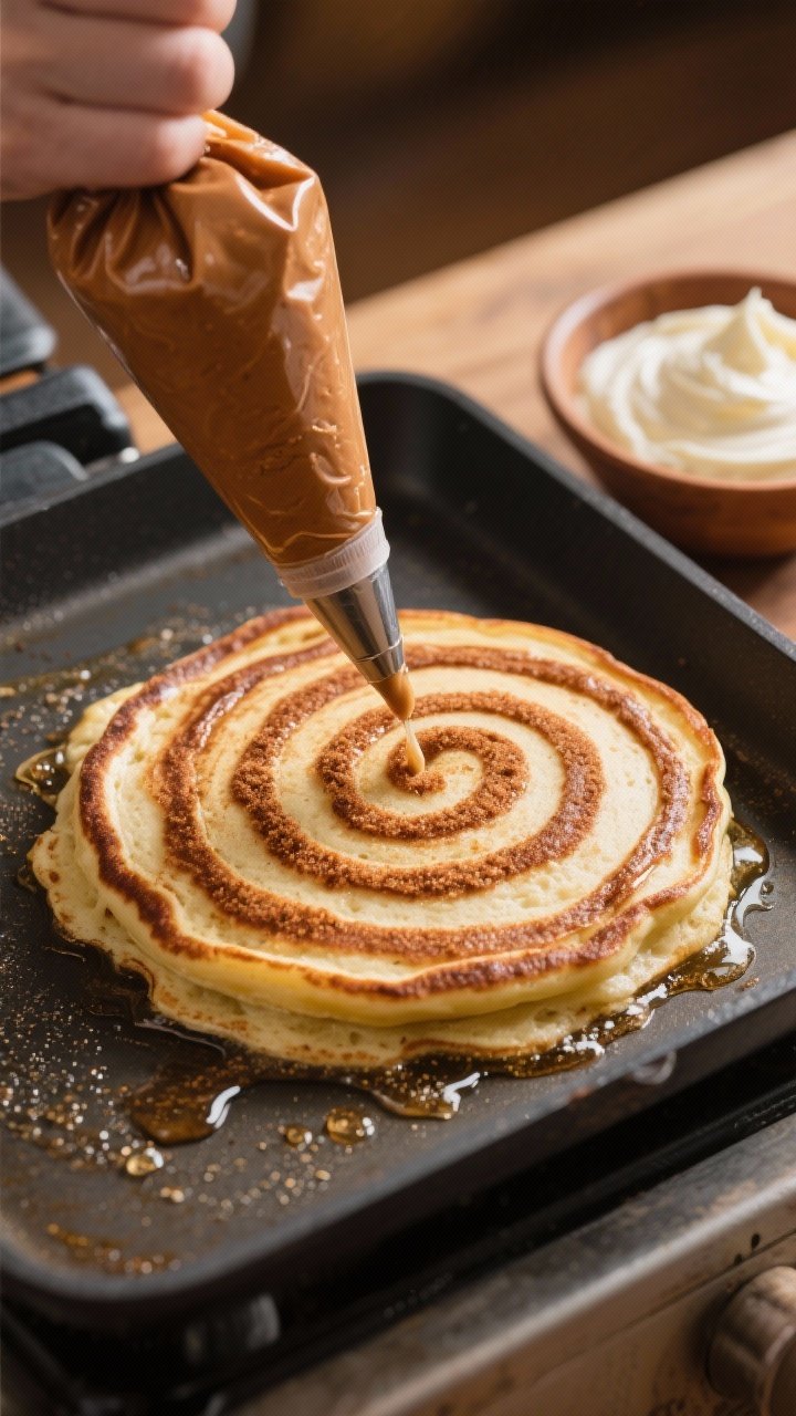 Straight-on process shot of cinnamon roll swirl pancakes: pancake on a griddle with a visible cinnamon-brown sugar swirl spiraled on top, edges bubbling and ready to flip; a piping bag with cinnamon filling to the side and a small bowl of cream cheese drizzle waiting; warm, bakery-style lighting emphasizing the spiral contrast and caramelized cinnamon ribbons.