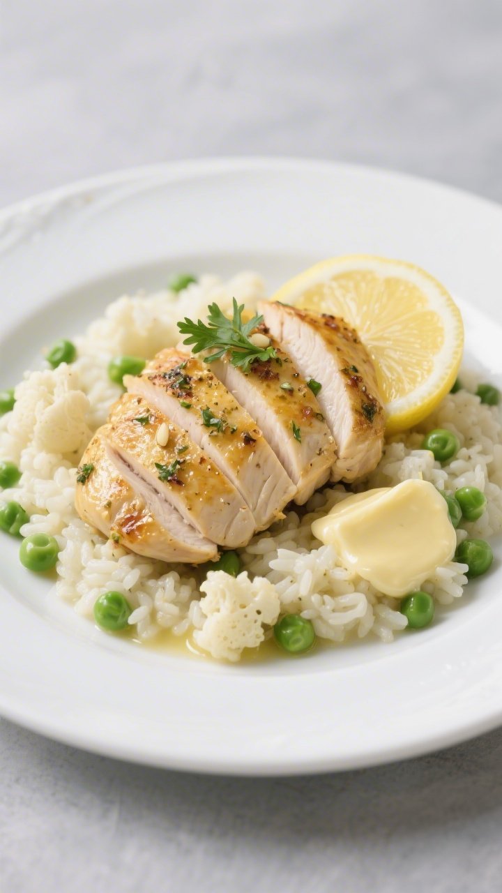 Straight-on restaurant-style plate: seared lemon-herb chicken breasts with Italian seasoning and garlic powder, golden pan fond glaze, sliced and fanned over creamy cauliflower “risotto” studded with petite green peas; a pat of melted butter glossing the cauliflower rice, fresh lemon slices and chopped parsley to finish; clean white plate against a soft gray backdrop, controlled highlights for a delicate, comforting mood.