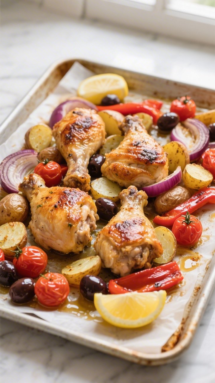 Straight-on sheet-pan scene of Mediterranean chicken dinner: bone-in, skin-on chicken thighs roasted until golden and crisp, nestled among halved baby potatoes, red onion wedges, red bell pepper strips, burst cherry tomatoes, and glossy Kalamata olives; lemon slices tucked around, pan juices shimmering; everything on a parchment-lined sheet pan pulled from the oven, caramelized edges and vibrant colors, natural window light highlighting the crackly chicken skin and roasted vegetables.