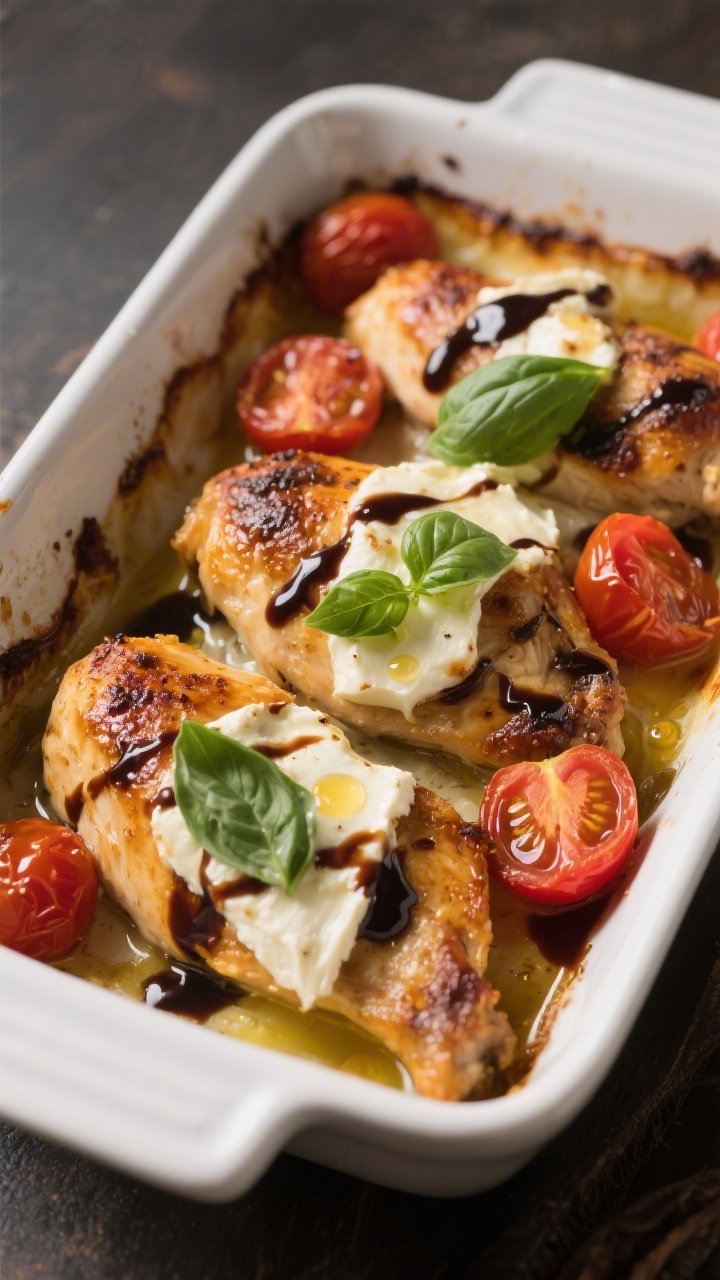 Straight-on shot of balsamic Caprese chicken bake in a white ceramic baking dish: golden-roasted chicken breasts topped with melted fresh mozzarella, burst cherry tomato halves, and glossy balsamic drizzle; a few torn basil leaves for color lift, olive oil droplets catching the light; edges of the dish slightly caramelized, inviting and rustic.
