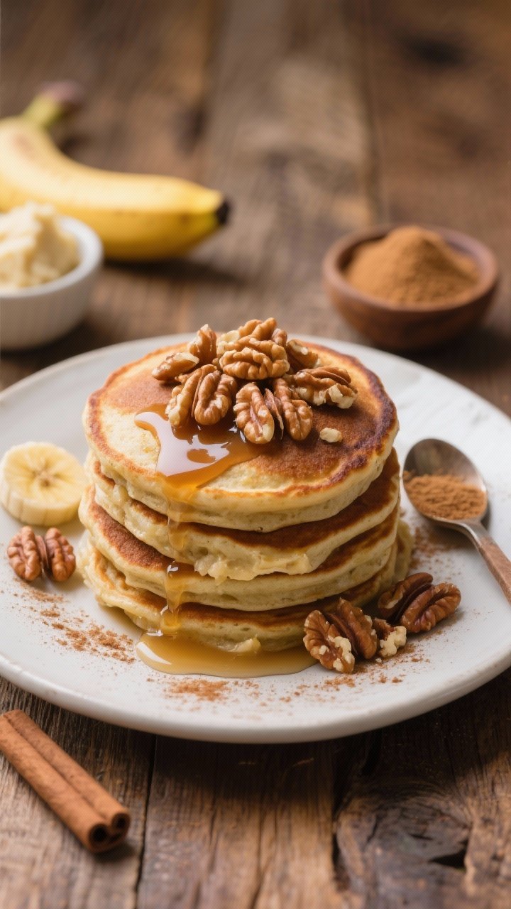 Straight-on shot of banana bread pancakes with toasty walnut crunch: thick, warmly spiced pancakes flecked with mashed overripe banana, stacked and topped with a generous handful of toasted walnut pieces and a drizzle of maple syrup; cinnamon and nutmeg dusted lightly on the plate rim; show a mashed banana in a small bowl and brown sugar in a spoon to the side; rustic wooden table and cozy morning ambiance to evoke banana bread comfort.